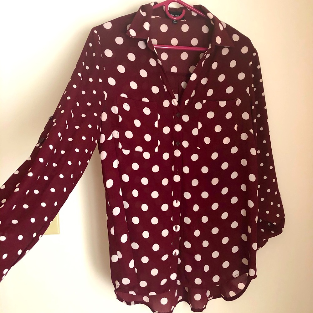 My Michelle maroon button up white polka dots